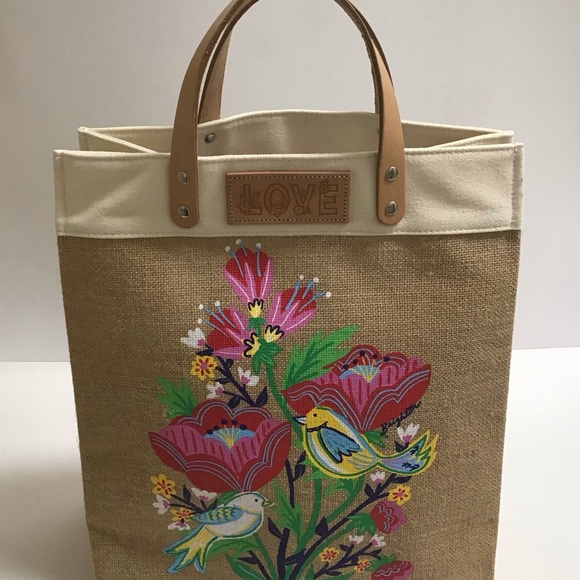Brighton Lovebirds Floral Jute Canvas w/Leather Handles Tote Bag NEW - Picture 14 of 16